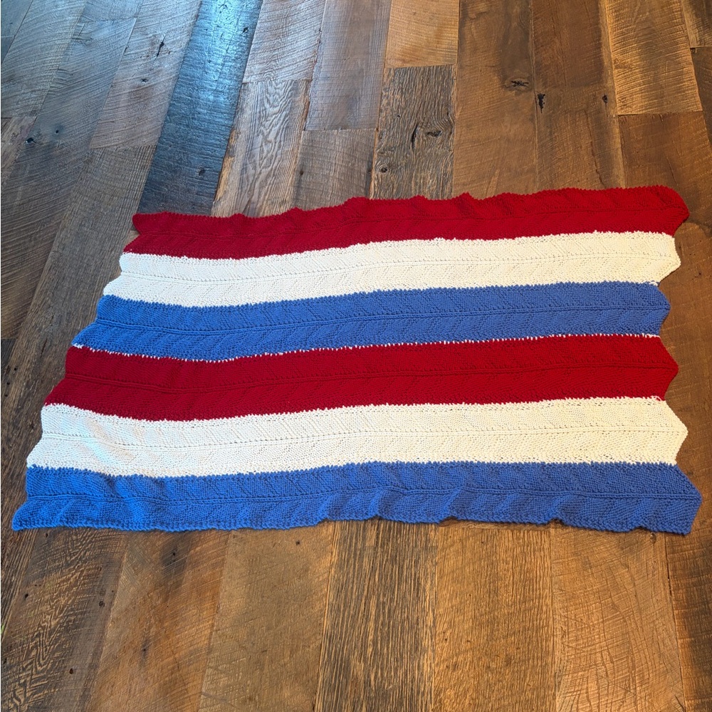 Vintage Handmade Americana Knit Throw Blanket 35x54 Red White Blue Patriotic